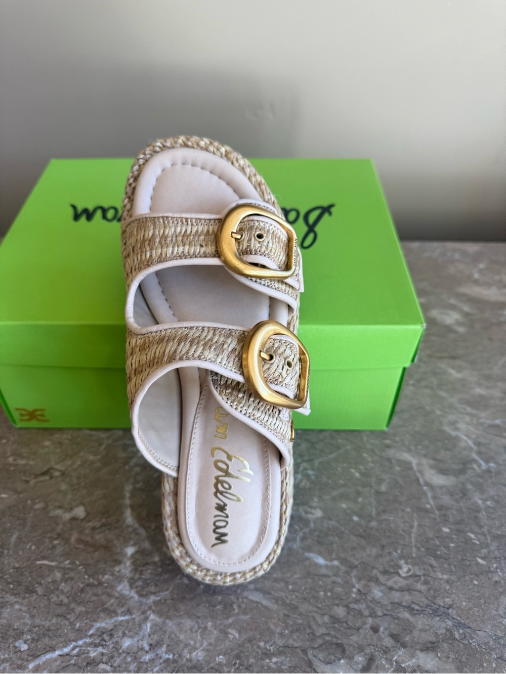 Sam Edelman Natural Beige Woven Double Buckle Slide Sandals